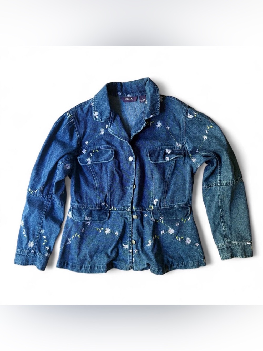 Floral Embroidered Agapo Embroidered Denim Jacket Fitted Dark Wash Size L Vtg